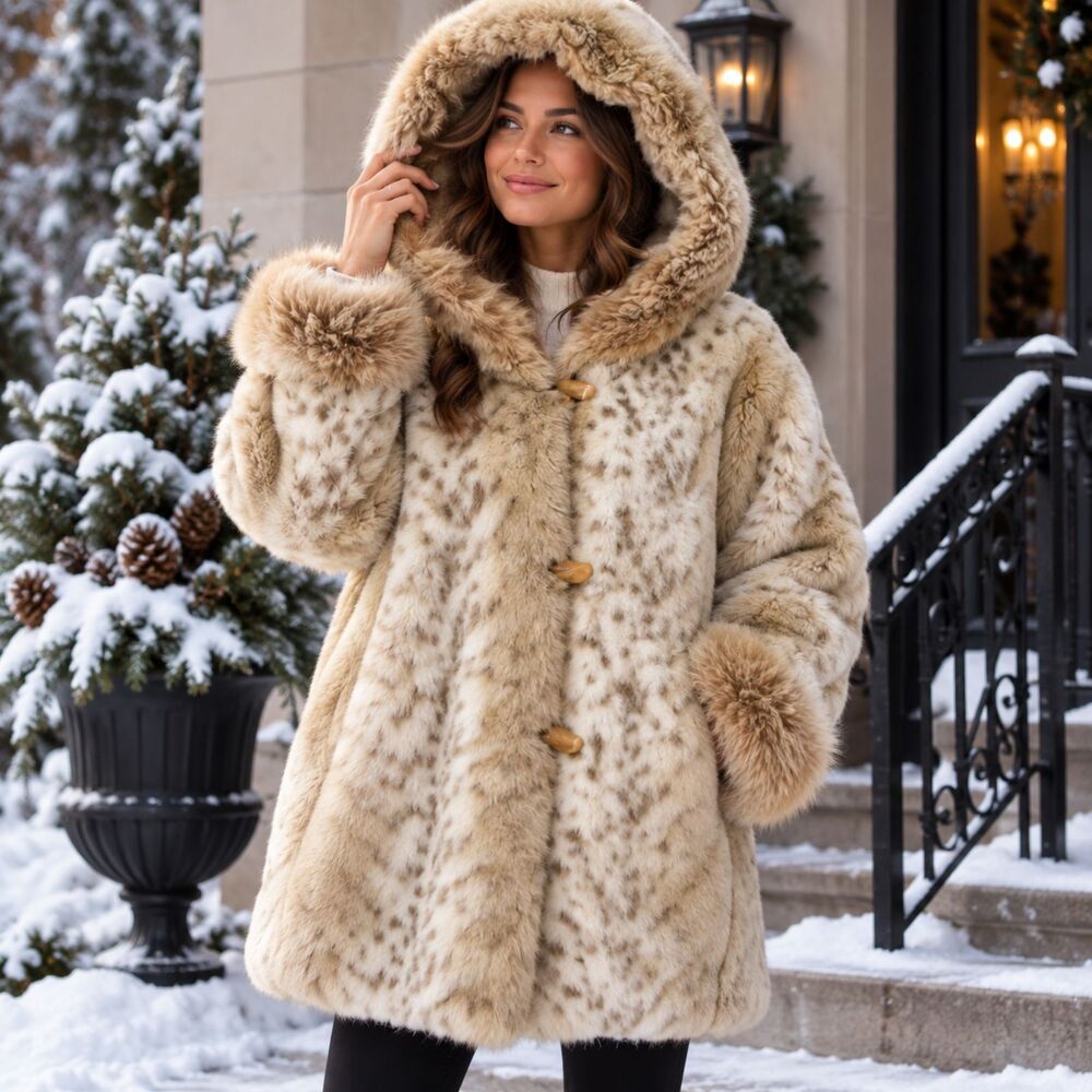 Vintage Coldwater Creek Snow Leopard Faux Fur Hooded Coat PL